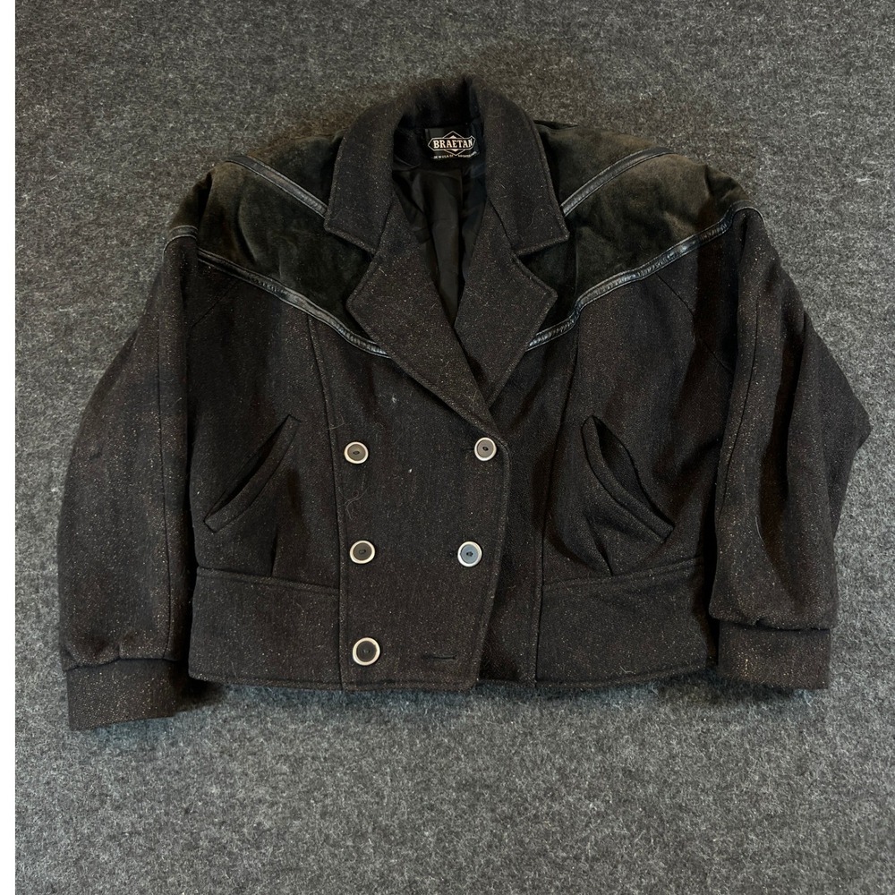 VTG Braetan Cropped Jacket Womens Small Black Suede Wool Double Breasted Moto